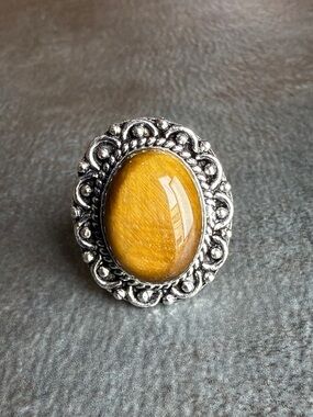 Vintage Style Silver 925 Overlay Ring Size 5 Tigers Eye Gemstone Women Jewelry